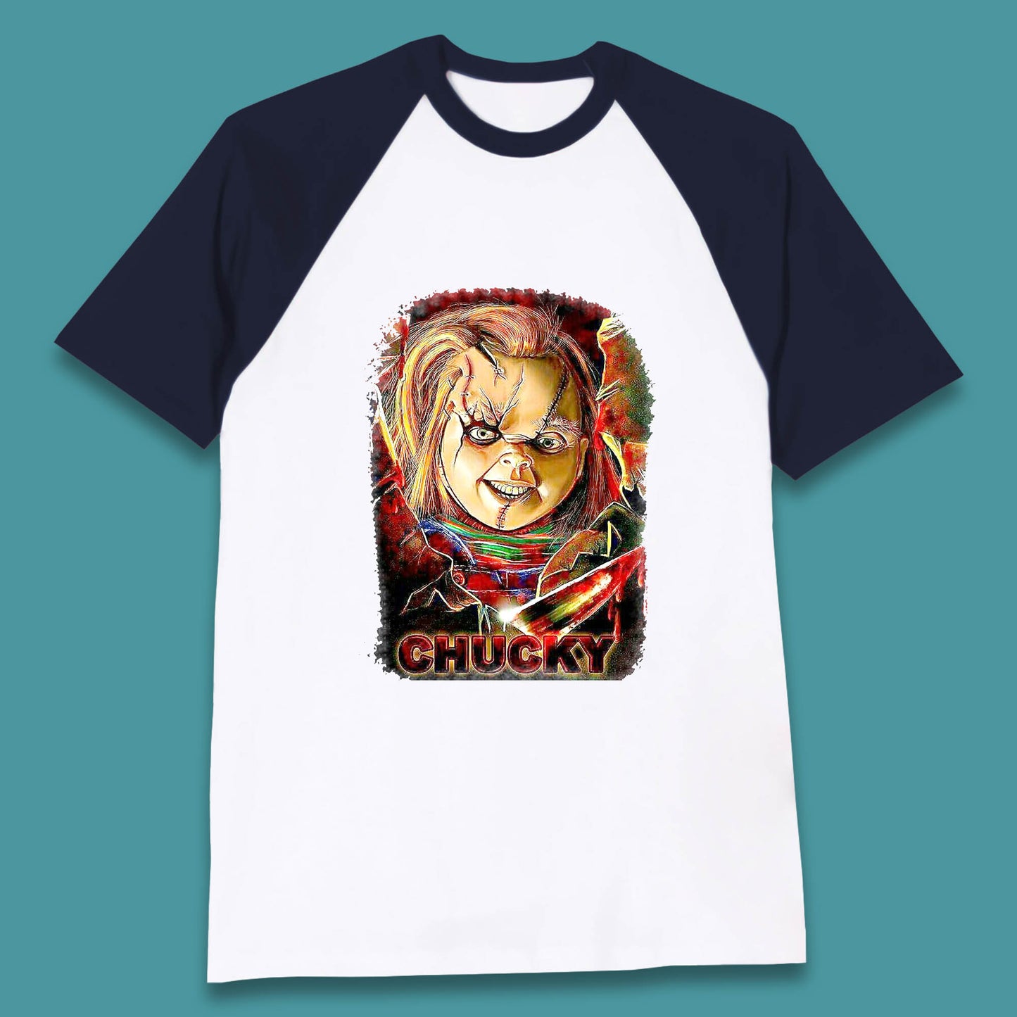 Chucky Distressed Childs Play Horror Monster Creepy Doll Toy Scary Halloween Scary Movie Character Baseball T Shirt