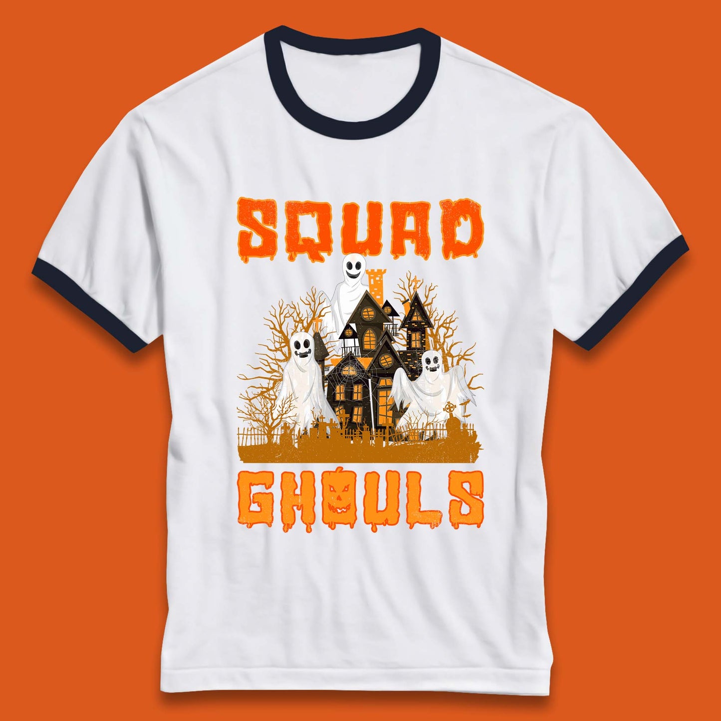 Squad Ghouls Halloween Boo Ghost Horror Scary Haunted House Ringer T Shirt