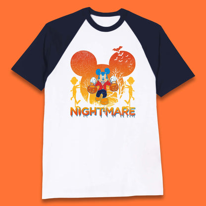Halloween Nightmare Disney Mickey Mouse Holding Pumpkin Bucket Horror Scary Disneyland Trip Baseball T Shirt