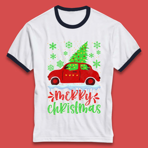 Merry Christmas Red Car With A Christmas Tree Xmas Snow Ringer T Shirt