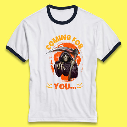 Coming For You Grim Reaper Halloween Skeleton With Scythe Halloween Ghost Ringer T Shirt