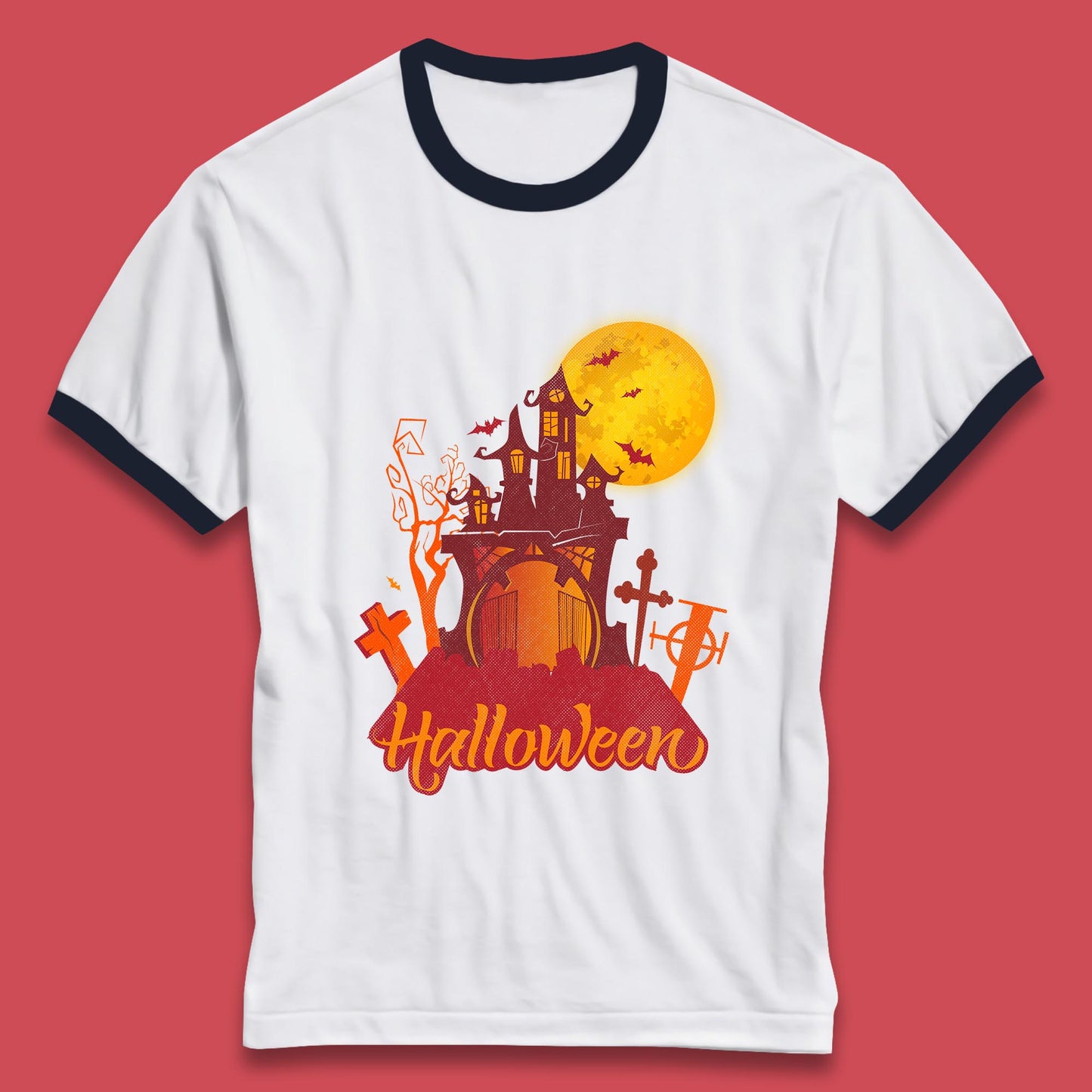 Halloween Lettering With Full Moon Scary Haunted House Flying Bats Horror Graveyard Ringer T Shirt