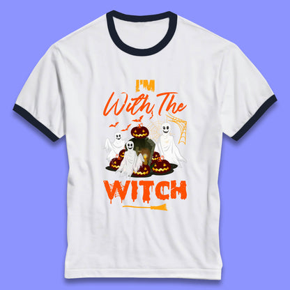 I'm With The Witch Halloween Ghosts With Jack-O-Lantern Horror Pumpkins Ringer T Shirt