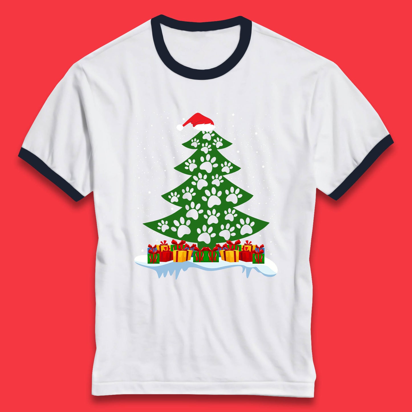christmas tree with paw prints of dogs ringer t shirt