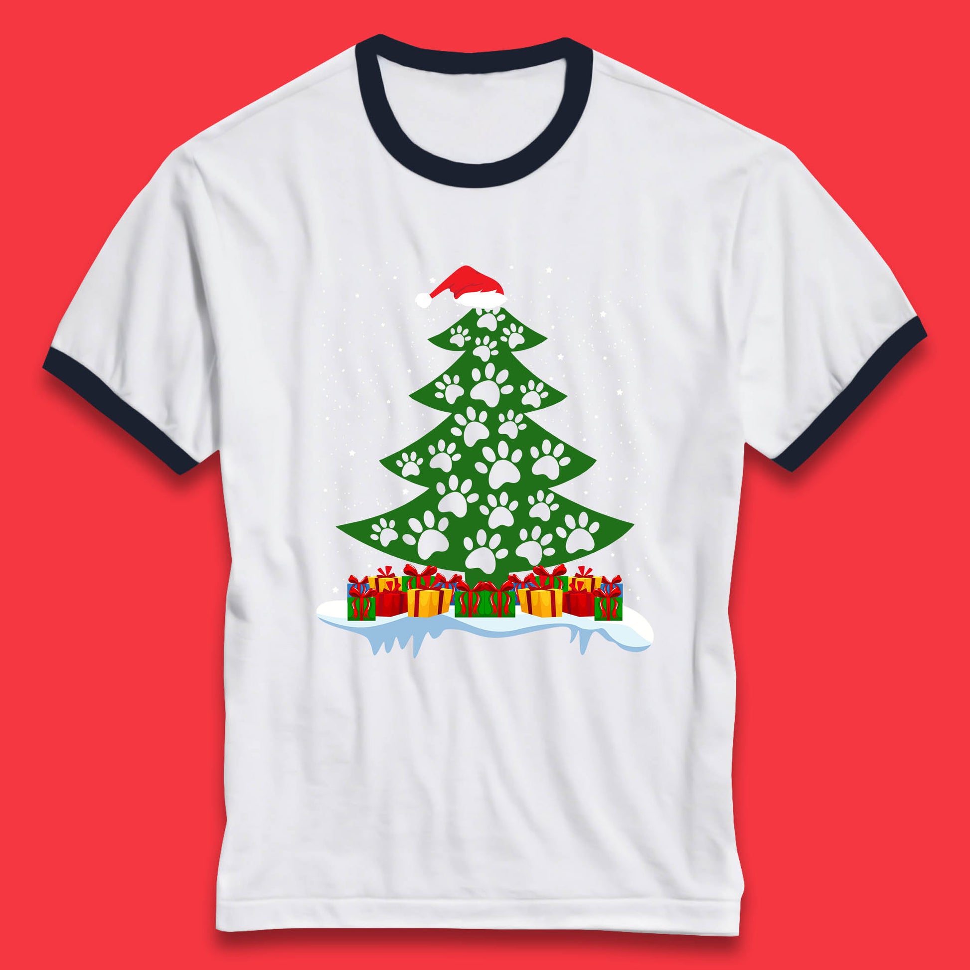 christmas tree with paw prints of dogs ringer t shirt