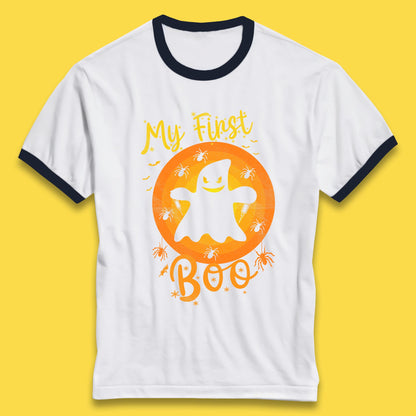 My First Boo Halloween Funny Boo Ghost Horror Scary Creepy Season Ringer T Shirt