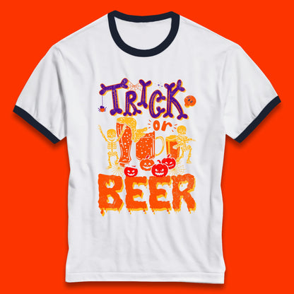 Trick Or Beer Halloween Drinking Beer Lover Dancing Skeleton Drinker Halloween Party Ringer T Shirt