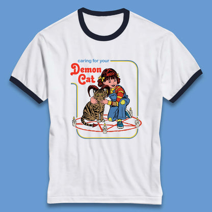 Caring For Your Demon Cat Creepy Incantation Halloween Aesthetic Cat Ringer T Shirt