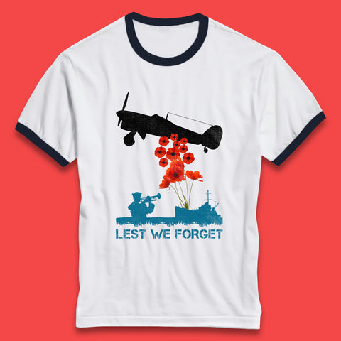 Lest We Forget Remembrance Day Veterans British Armed Forces Poppy Flower Royal Aircraft Ringer T Shirt