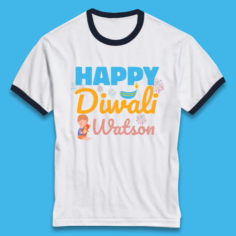 Personalised Happy Diwali Festival Of Lights Your Name Indian Diwali Holiday Celebration Ringer T Shirt