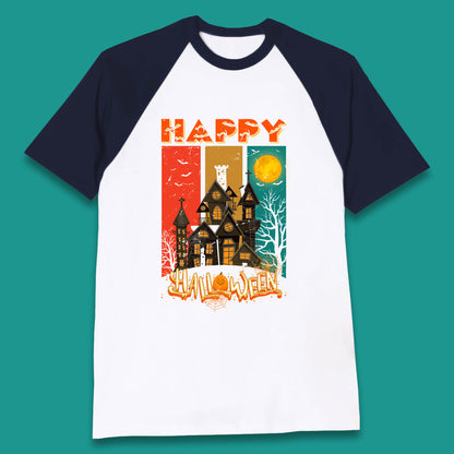 Happy Halloween Vintage Style Horror Scary Haunted House Baseball T Shirt