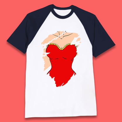 Beautiful Sexy Glamour Blonde Girl Stylish Trendy Dressing In Red Mini Dress Baseball T Shirt