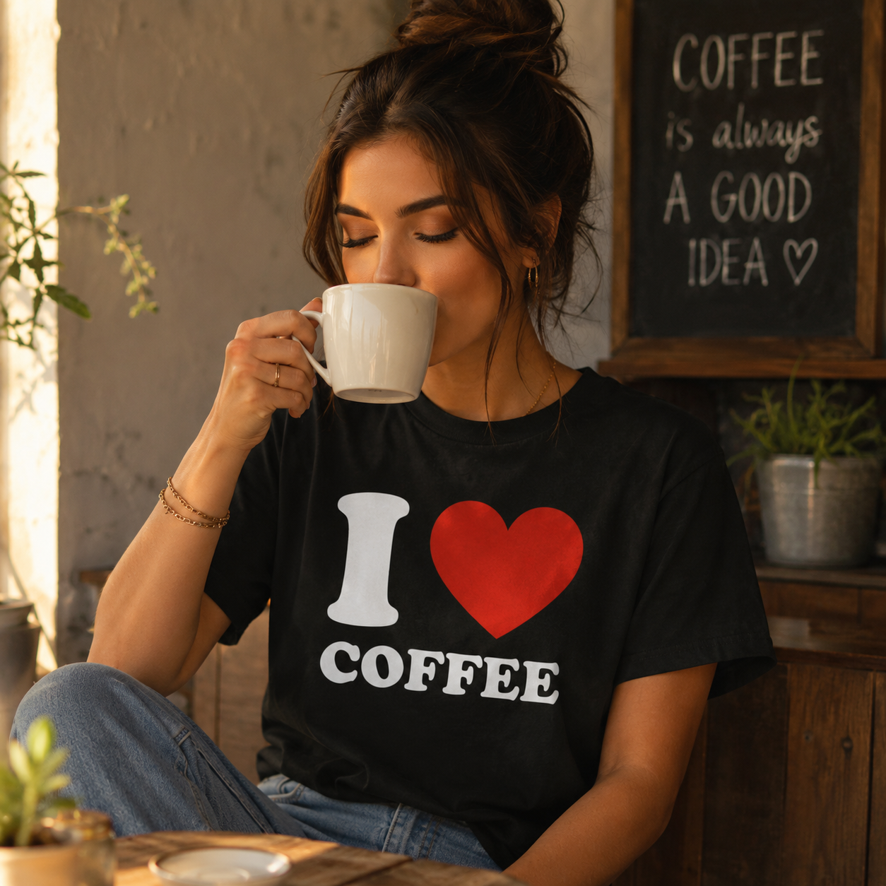 Woman drinking coffee wearing a 'I ❤️ COFFEE' t-shirt in a cozy setting.