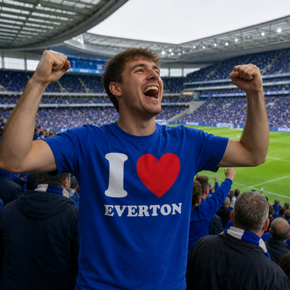 Person wearing a blue 'I ❤️ Everton' shirt in a stadium.