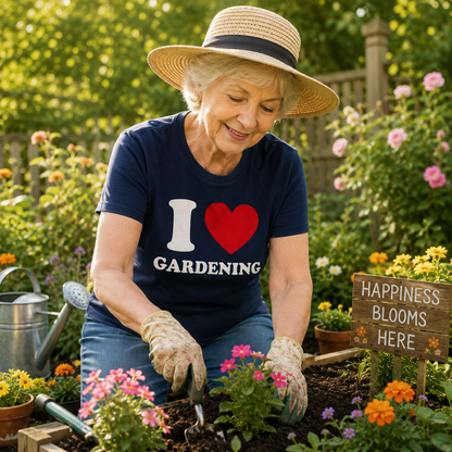 Woman gardening in a colorful flower garden with a sign that reads 'Happiness Blooms Here'.