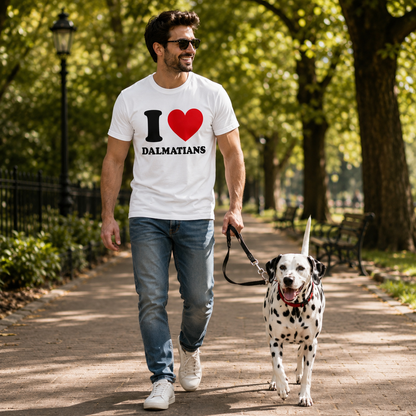 Man walking a Dalmatian dog in a park wearing a t-shirt with 'I love Dalmatians' design.