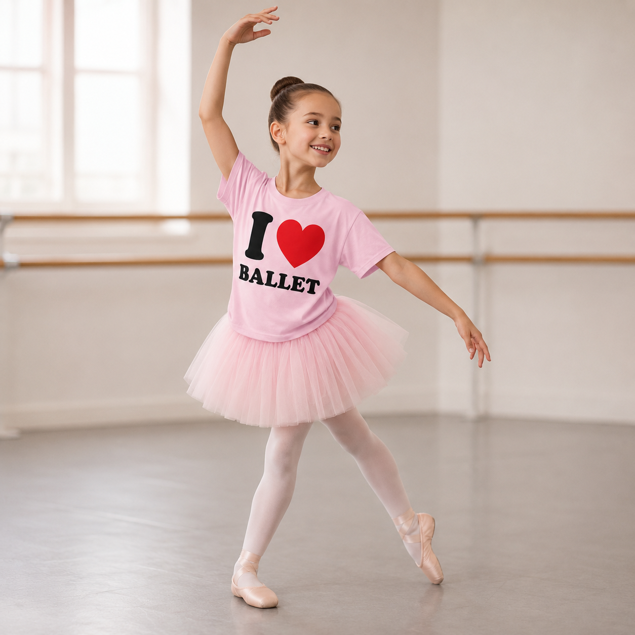 Young dancer in a ballet studio wearing a pink 'I love ballet' shirt and tutu.