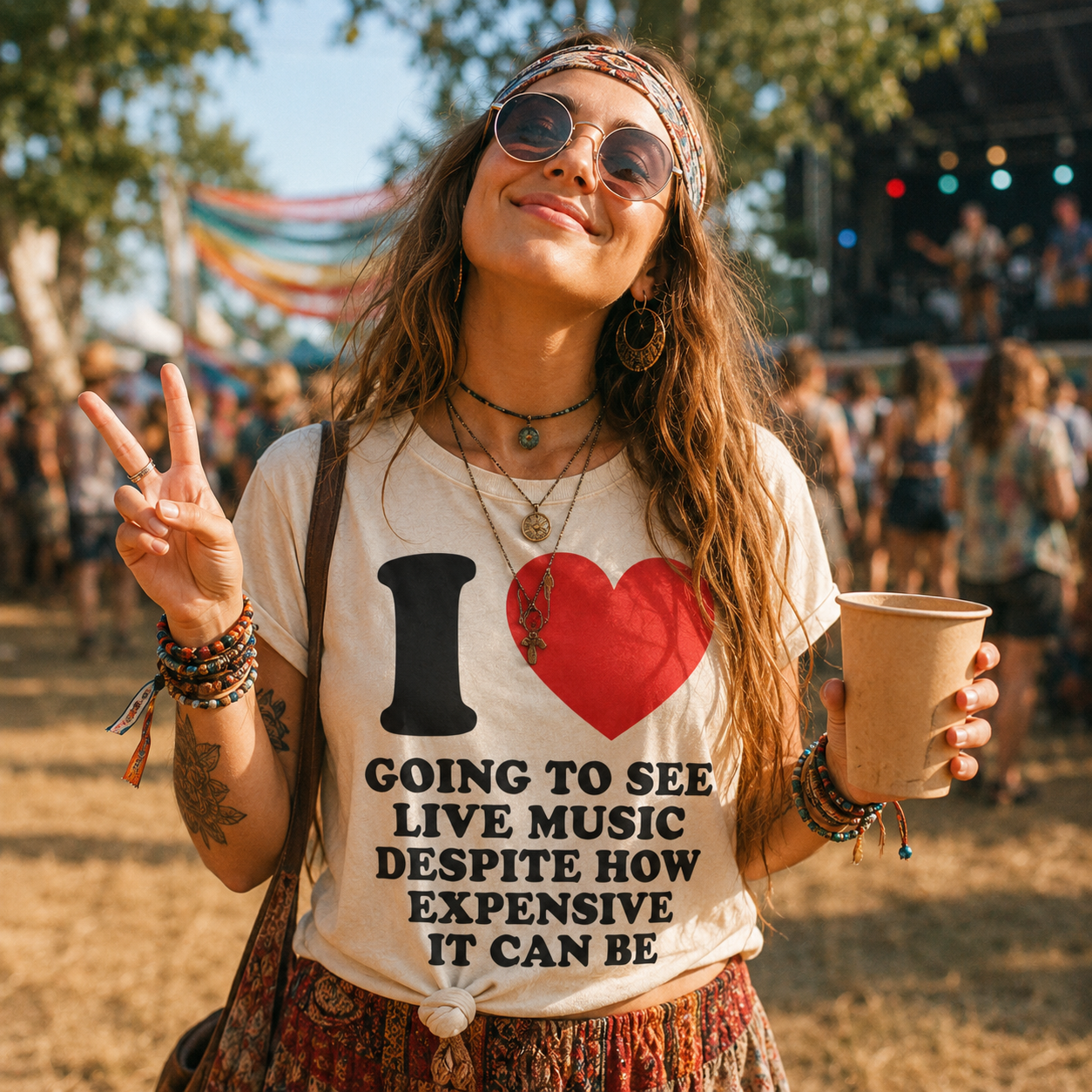 Woman at a music festival wearing a t-shirt with text and a heart symbol, holding a cup.