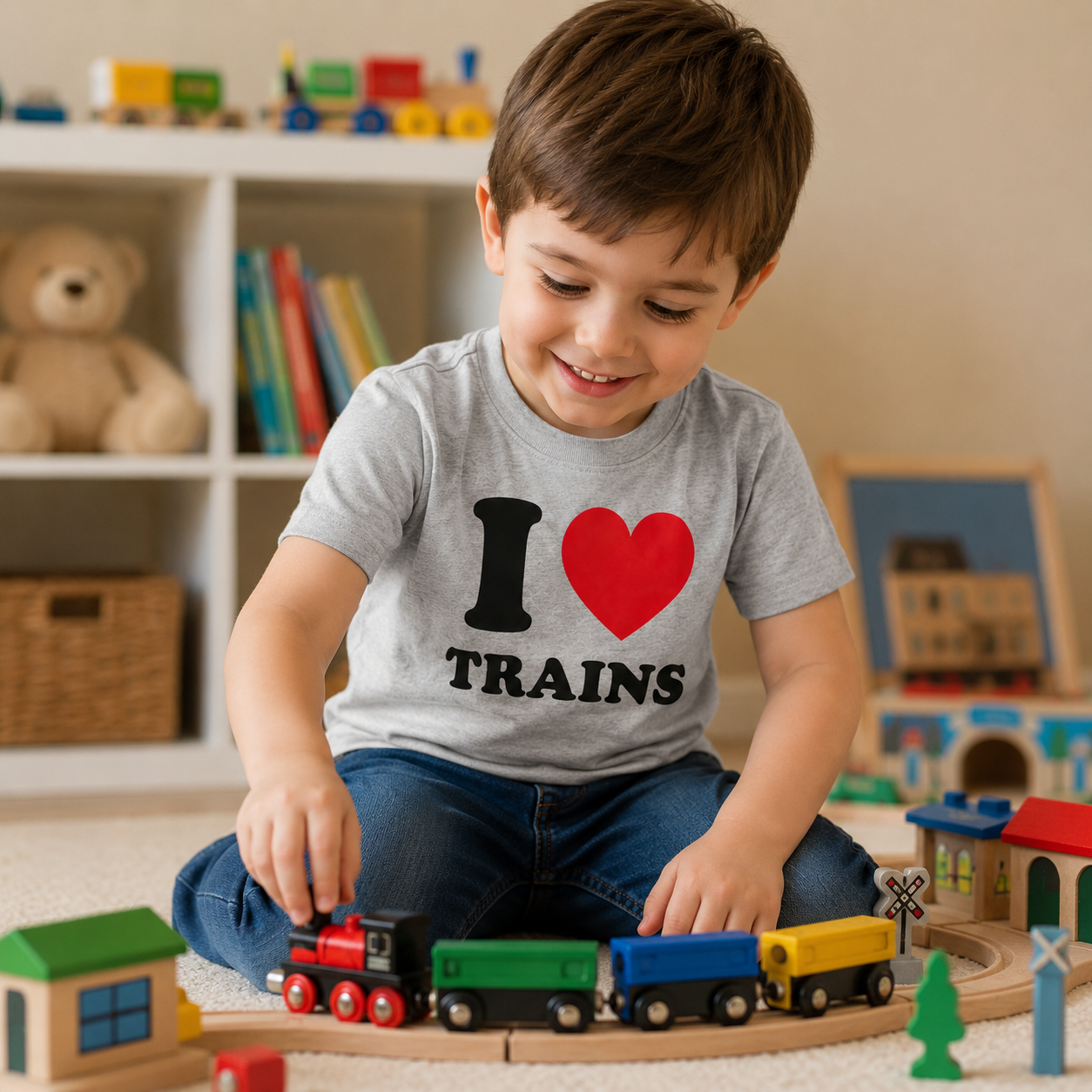 Child playing with toy train set in a room with toys and books in the background