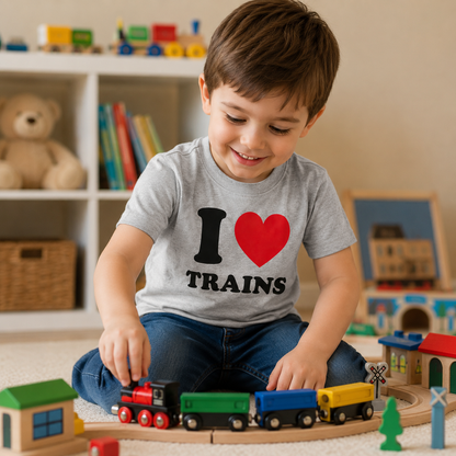 Child playing with toy train set in a room with toys and books in the background