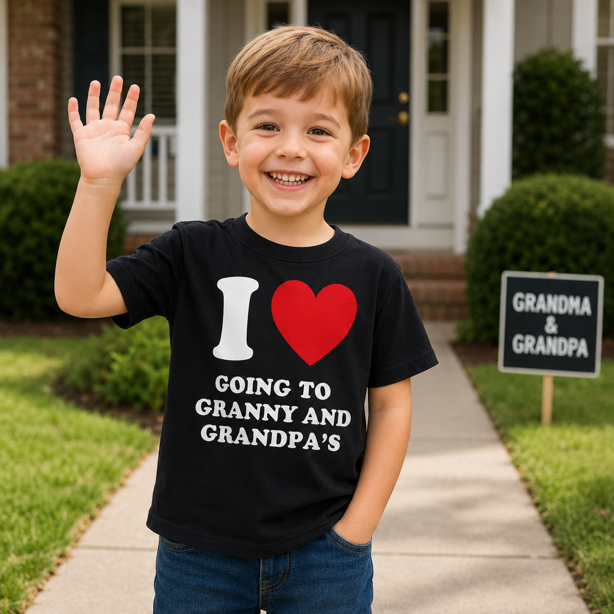 Child wearing a black t-shirt with 'I ❤️ Going to Granny and Grandpa's' text, waving in front of a house.