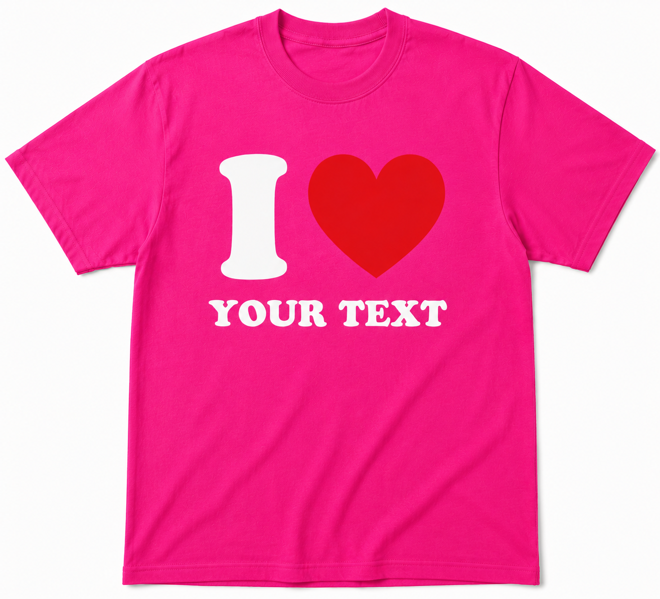 Pink t-shirt with customizable text design on a white background