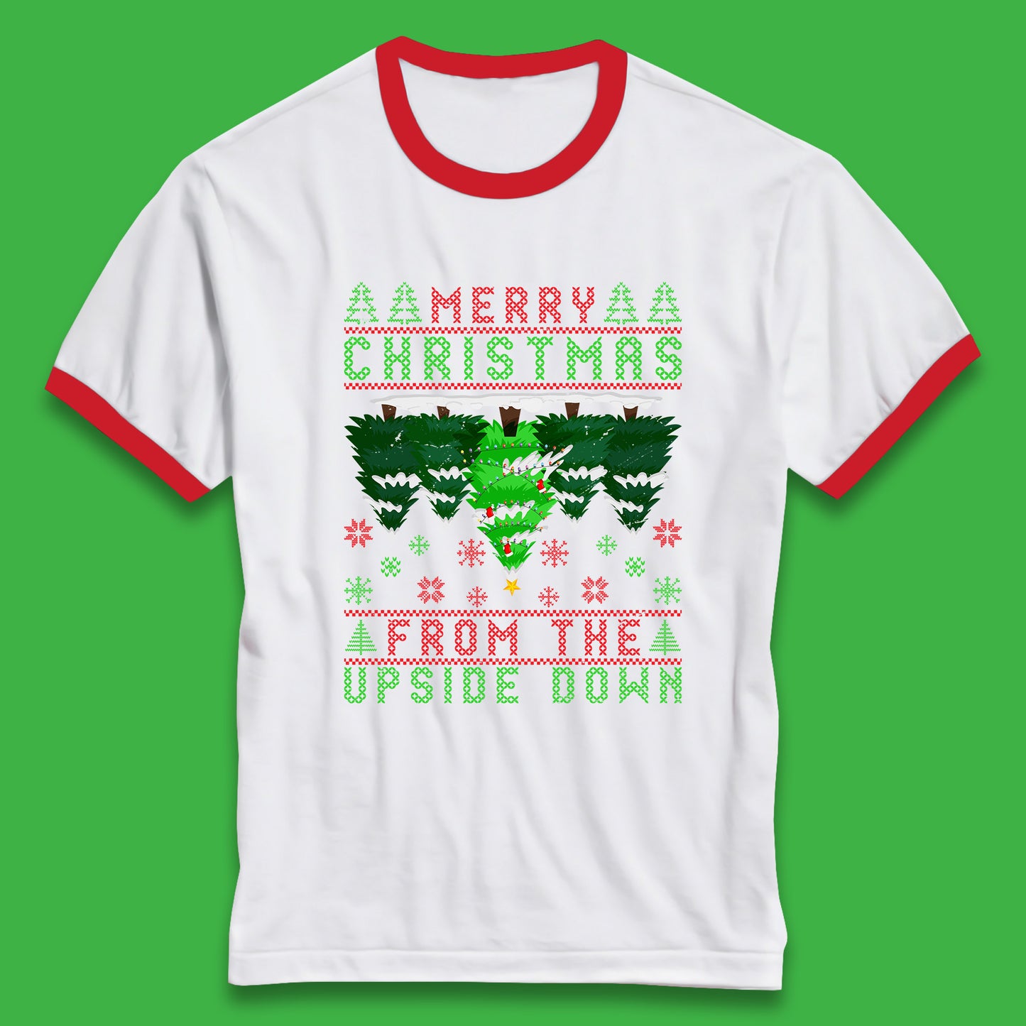 merry christmas from the upside down tree ringer t shirt