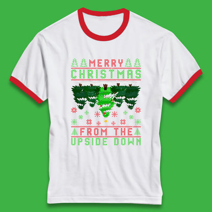merry christmas from the upside down tree ringer t shirt