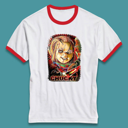 Chucky Distressed Childs Play Horror Monster Creepy Doll Toy Scary Halloween Scary Movie Character Ringer T Shirt