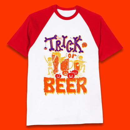 Trick Or Beer Halloween Drinking Beer Lover Dancing Skeleton Drinker Halloween Party Baseball T Shirt
