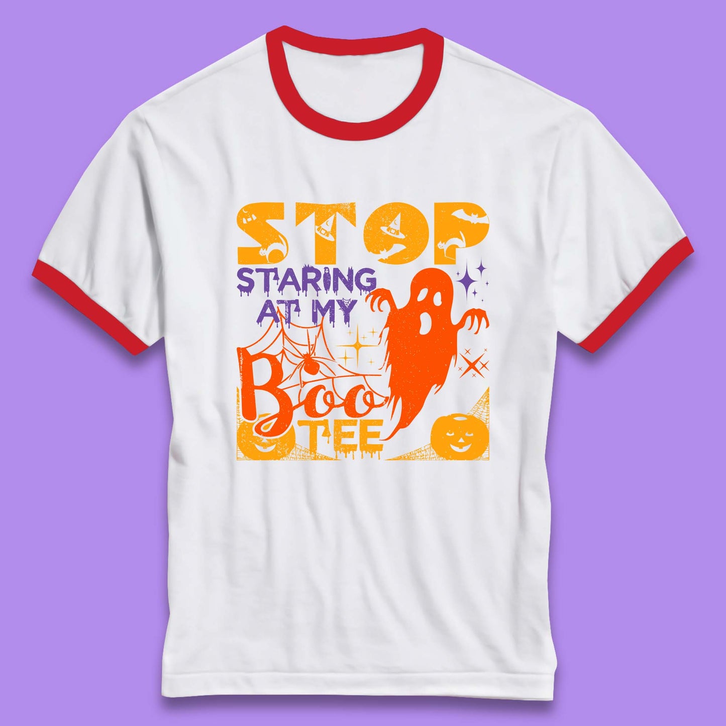 Stop Staring At My Boo Tee Funny Sayings Halloween Ghost Party Ringer T Shirt