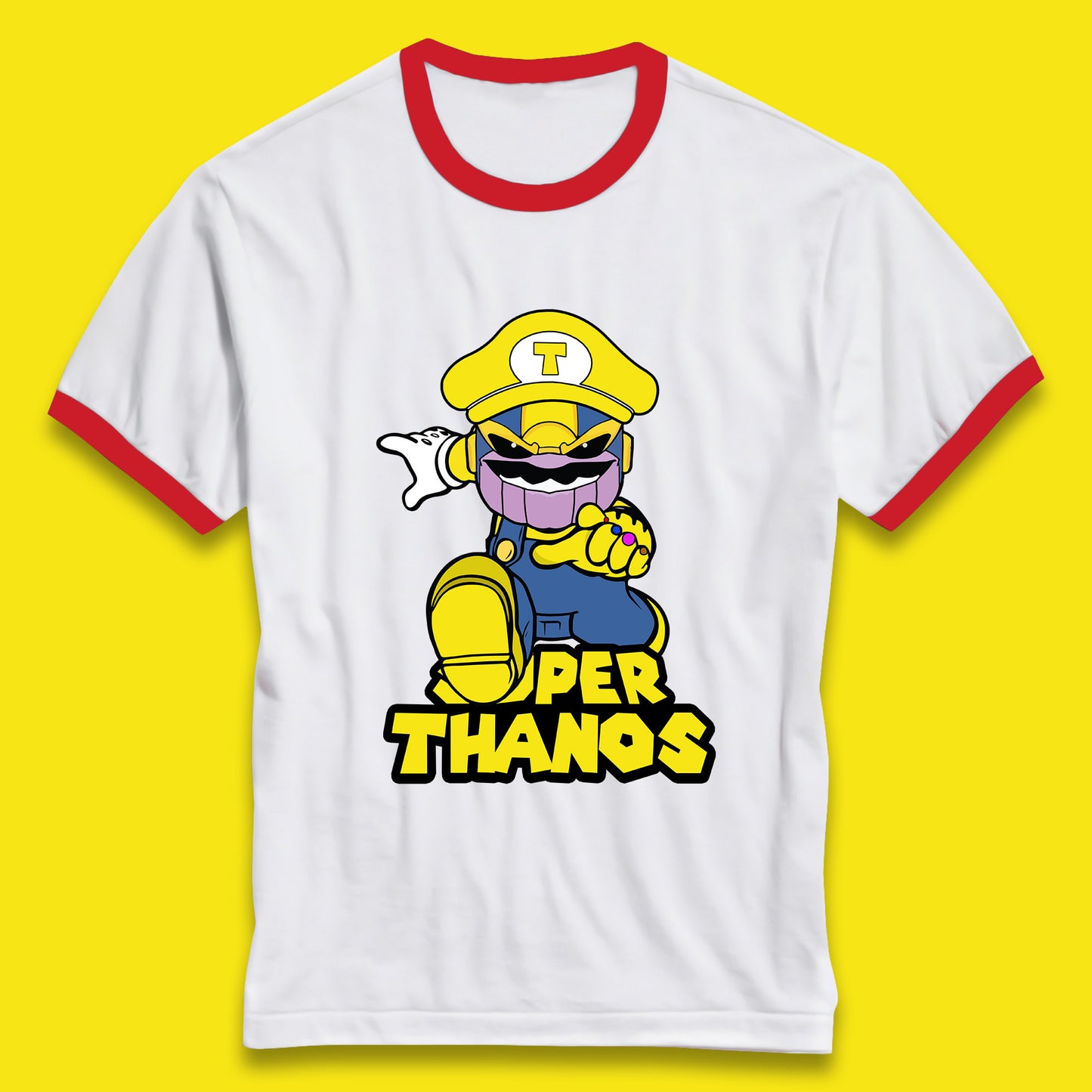 Super Thanos Marvel Infinity Gauntlet Super Mario Spoof Marvel Nintendo Game Series Wario Thanos Fictional Character Ringer T Shirt