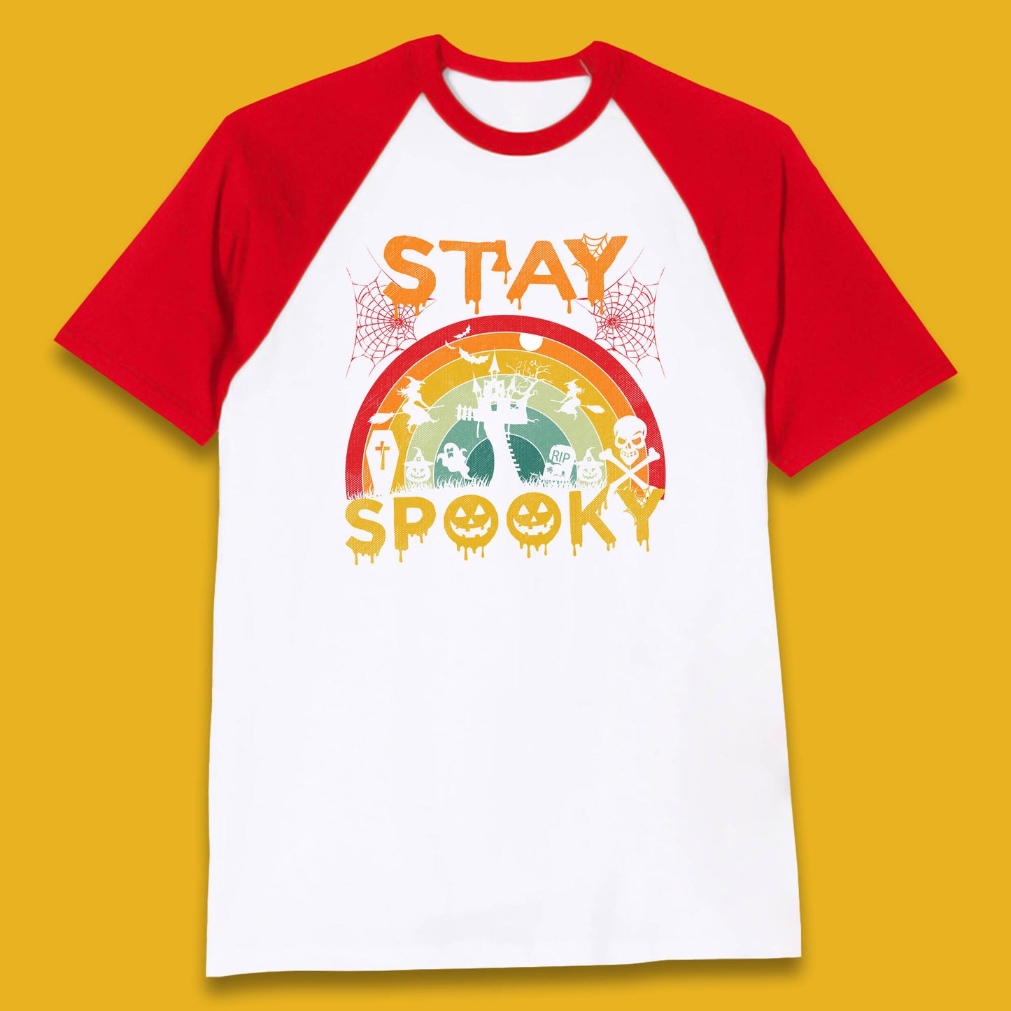 Stay Spooky Vintage Halloween Hunted House Dark Night Full Moon And Flying Bats Baseball T Shirt