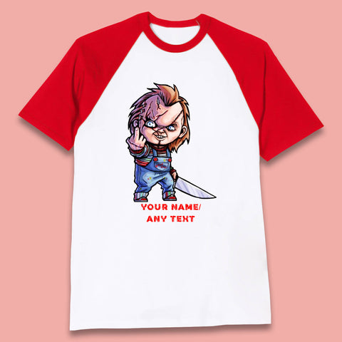 Personalised Chucky With Knife Your Name Or Text Halloween Horror Movie Character Baseball T Shirt
