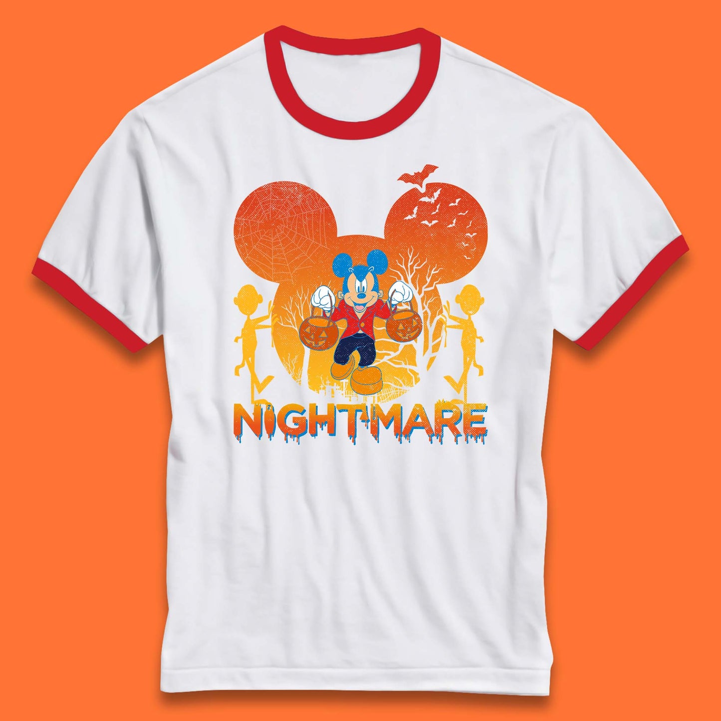 Halloween Nightmare Disney Mickey Mouse Holding Pumpkin Bucket Horror Scary Disneyland Trip Ringer T Shirt