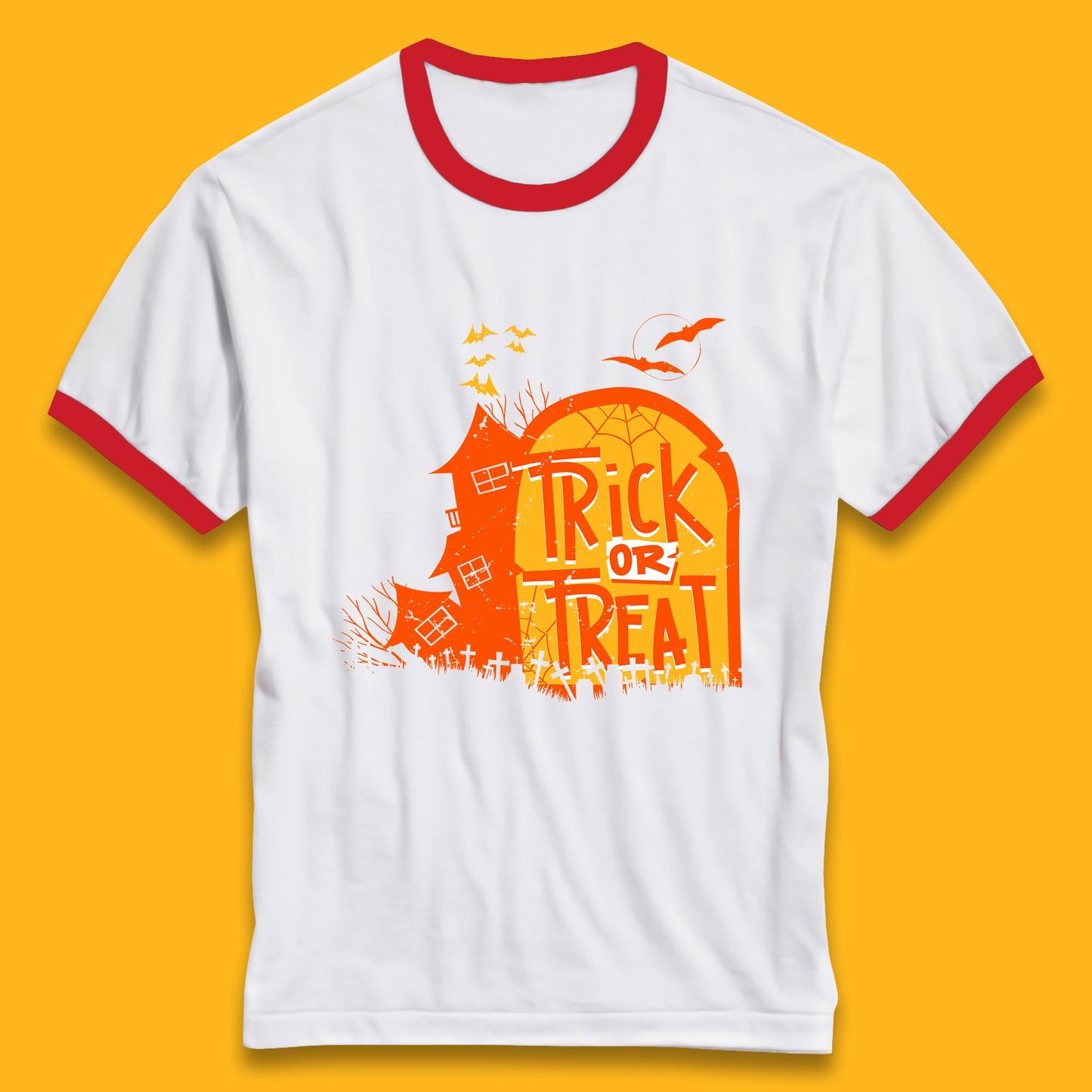 Trick Or Treat Halloween Terrific Abandoned Haunted House Flying Bats Ringer T Shirt