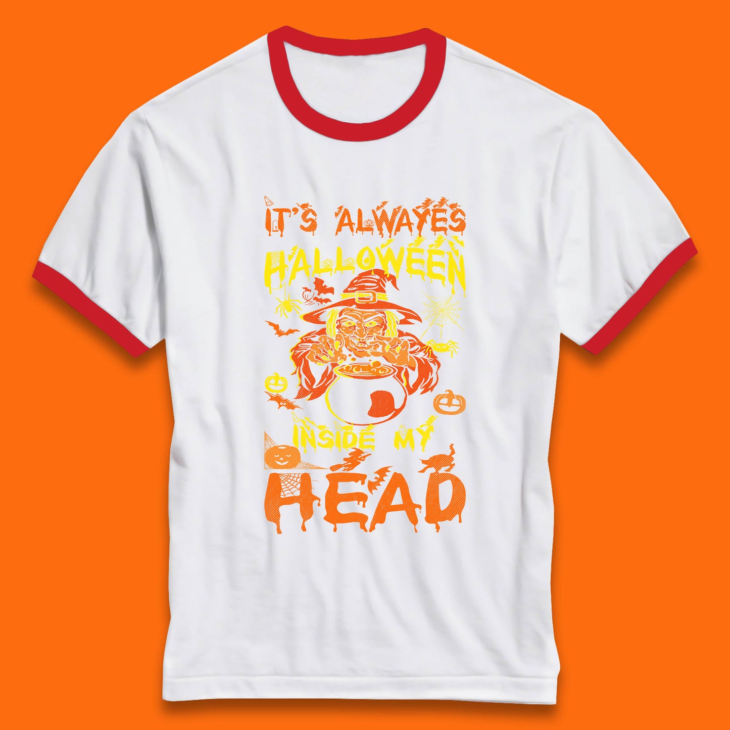 It's Always Halloween Inside My Head Witch Cooking A Magic Potion In The Cauldron (Stew Pot) Halloween Ringer T Shirt