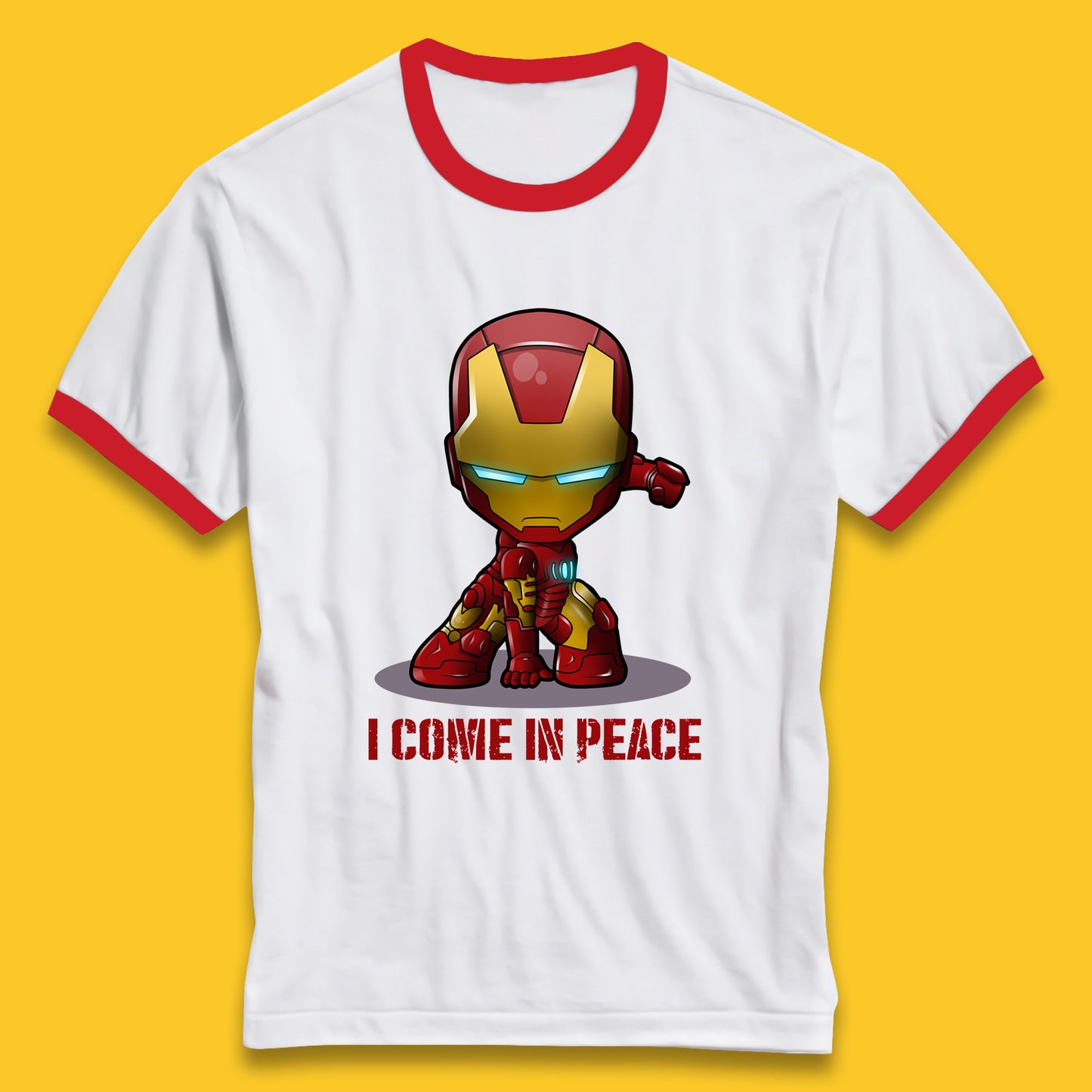 I Come In Peace Marvel Avenger Movie Character Iron Man Superheros Ironman Costume Superheros Ringer T Shirt