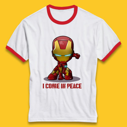 I Come In Peace Marvel Avenger Movie Character Iron Man Superheros Ironman Costume Superheros Ringer T Shirt