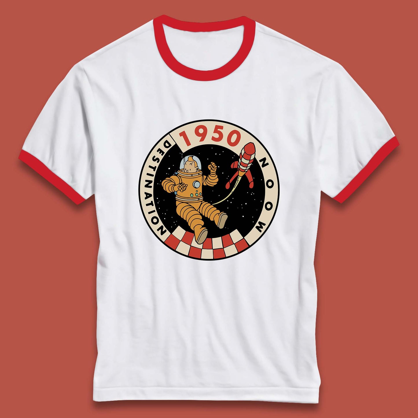 Destination Moon 1950 Astronaut Tintin The Lunar Rocket Retro Comic Space Adventure Ringer T Shirt