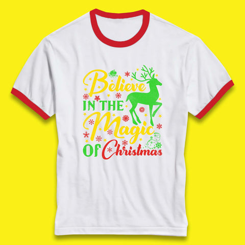 Believe In The Magic Of Christmas Reindeer Animal Xmas Festive Ringer T Shirt