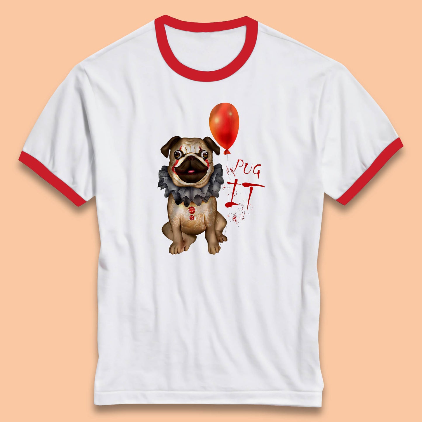 Pug IT Pennywise Clown Dog Spoof Halloween Pug Dog Costume Horror Movie Serial Killer Ringer T Shirt