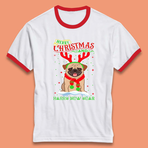 Merry Christmas And Happy New Year Pug Dog Wearing Red Scarf And Antlers Xmas Dog Lovers Ringer T Shirt