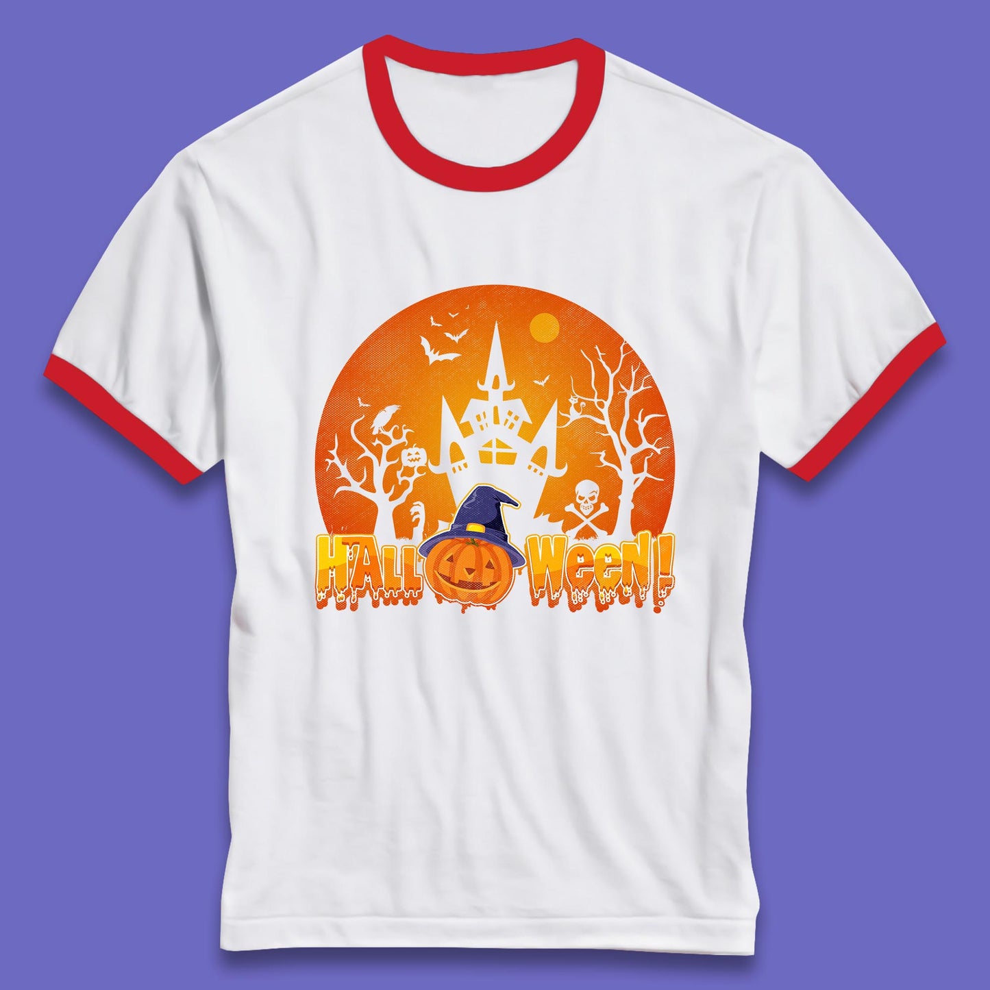 Halloween Pumpkin Witch Hat Haunted Castle Flying Bats Skull Bones Scary Dark Night Ringer T Shirt