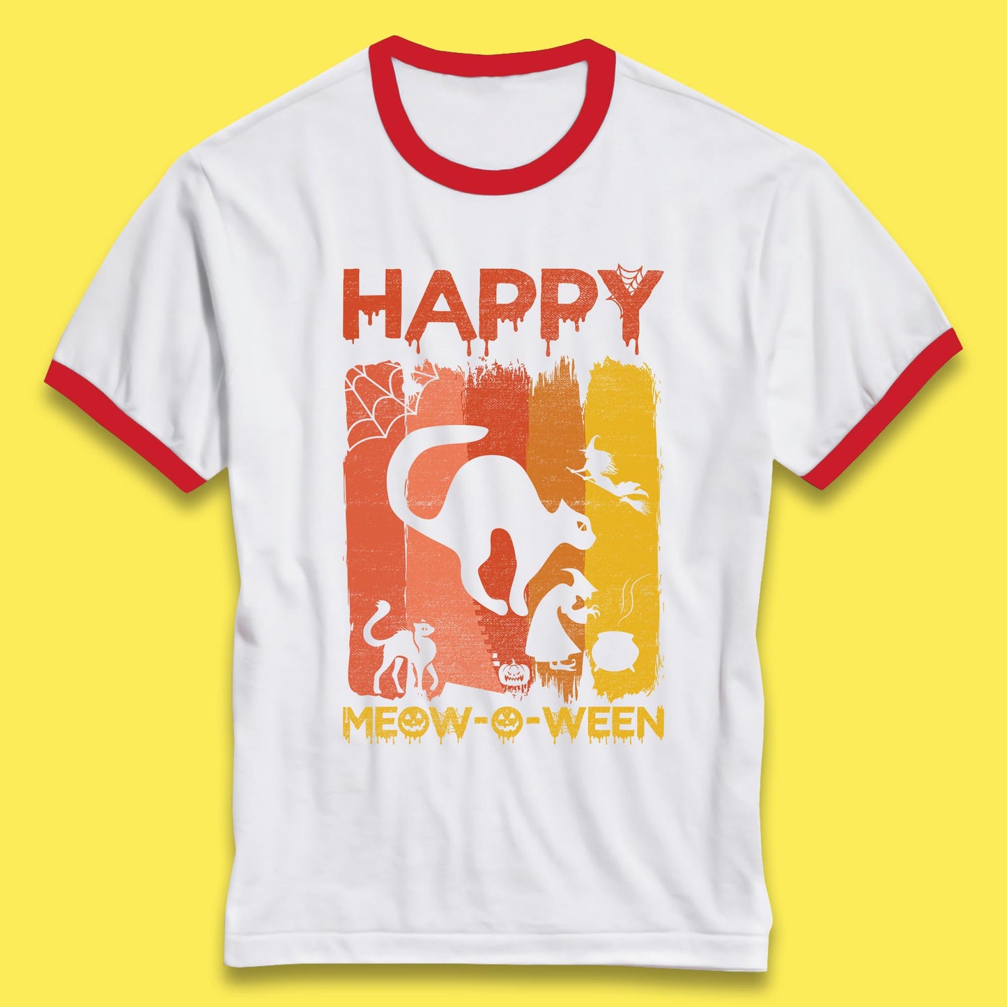 Happy Meow-O-ween Funny Halloween Black Cat Scary Spooky Ringer T Shirt