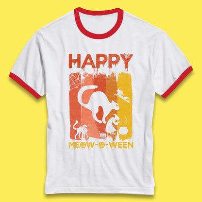 Happy Meow-O-ween Funny Halloween Black Cat Scary Spooky Ringer T Shirt
