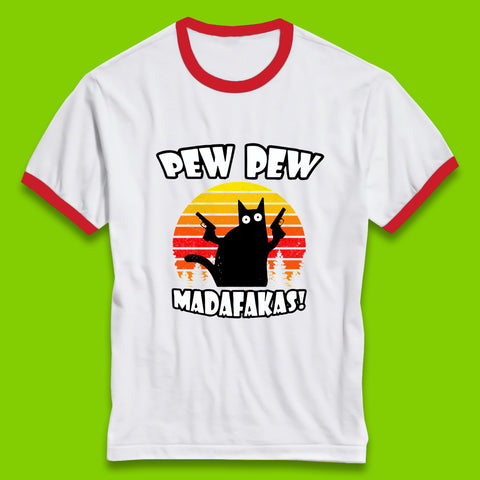 Pew Pew Madafakas Funny Joke Retro Vintage Cat Gun Pistol Kitty Pew Pew Cat Meme Ringer T Shirt