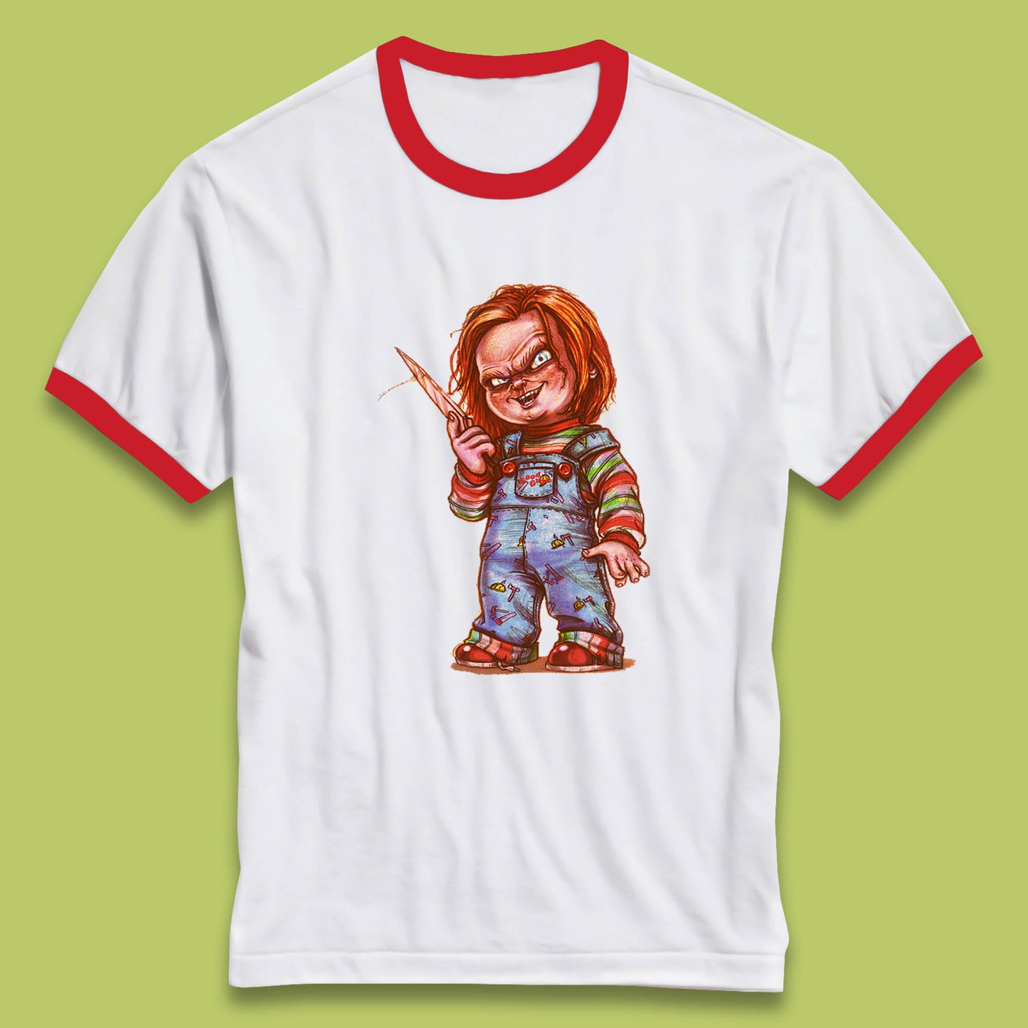 The Horror Movie Character Chucky With Knife Serial Killer Halloween Horror Movie Inspired Chucky Ringer T Shirt