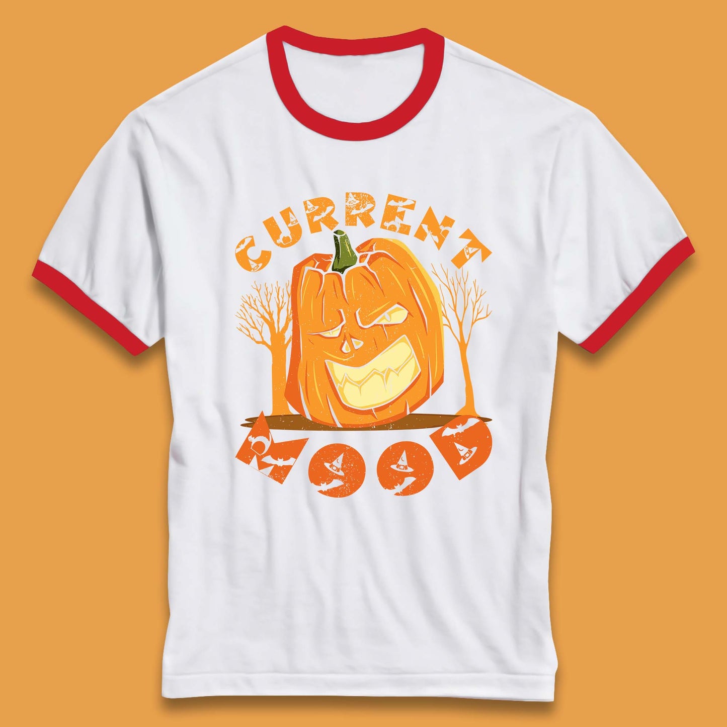 Current Mood Halloween Pumpkin Evil Scary Smile Horror Jack-o-Lantern Ringer T Shirt