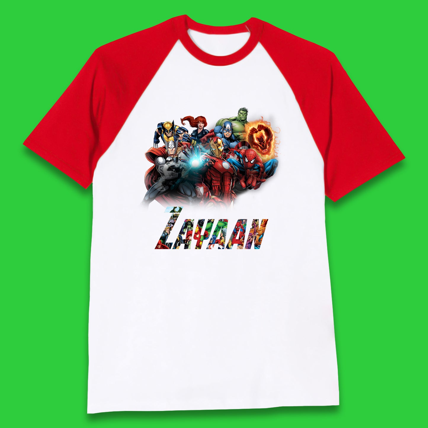 Personalised Marvel Avengers Super Heroes Movie Characters Spider Man, Black Widow, Hulk, Iron Man, Thor, Captain America Avengers Squad Baseball T Shirt
